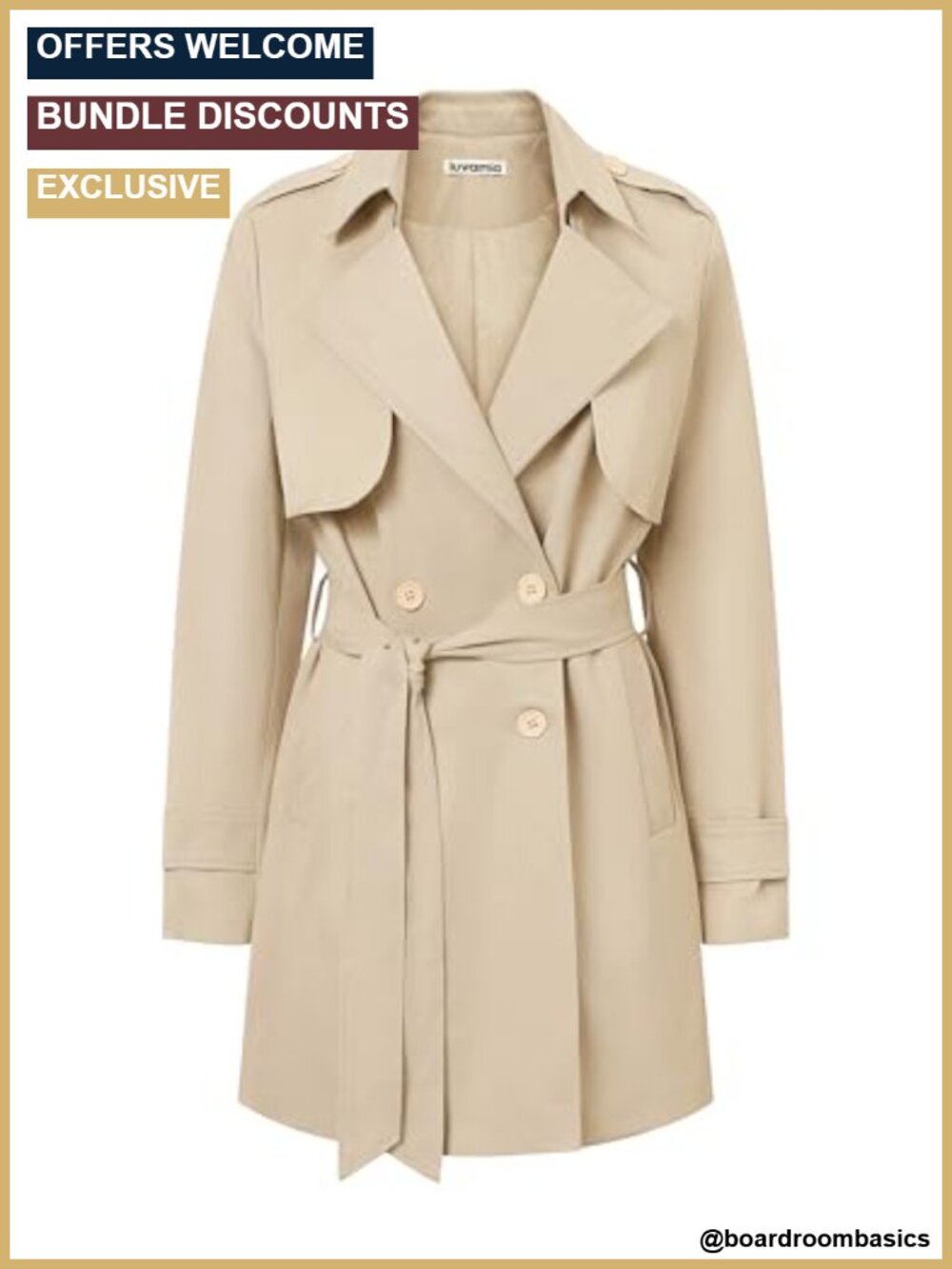 Women's Double Breasted Trench Coat with Belt Long Sleeve Business Casual Fall